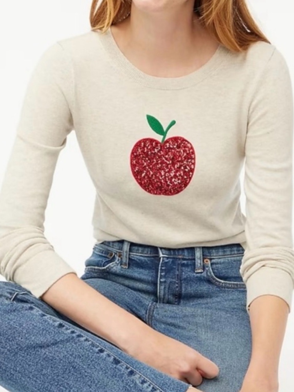 J. Crew Teddie Cotton Crewneck Sweater Red Sequin Apple